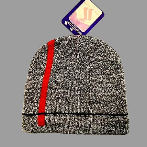 Grey Acrylic mix Beanie hat with red stripe